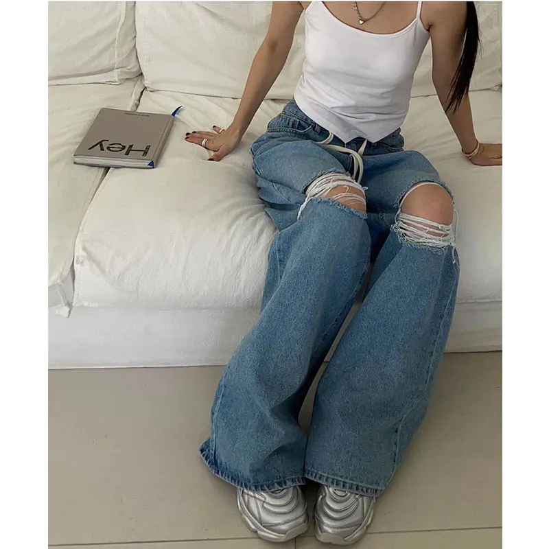 Retro Distressed Women's Jeans High Waist Straight Leg Long Pants Drawstring Torn Cool Spicy Deep Blue Summer Fashion
Retro Distressed Women's Jeans High Waist Straight Leg Long Pants Drawstring Torn Cool Spicy Deep Blue Summer Fashion