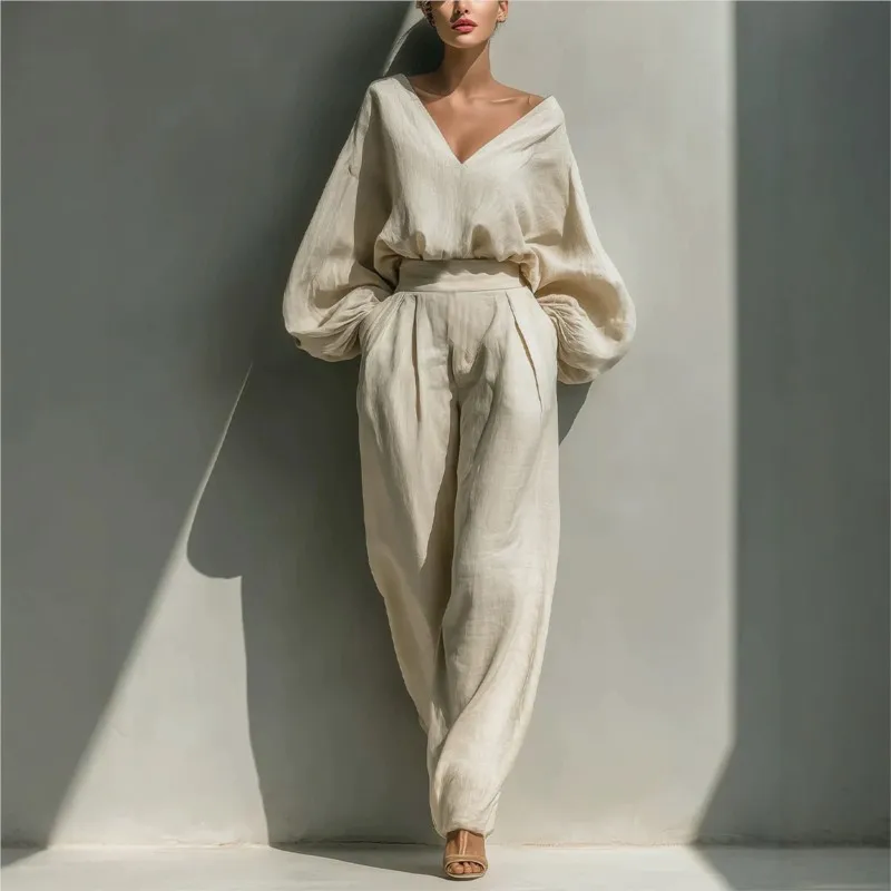 Women's Casual Shirt And Pants Two-Piece Sets Spring Autumn Fashion V-neck Long-Sleeve Loose Retro Holiday Party 2Piece Set
Women's Casual Shirt And Pants Two-Piece Sets Spring Autumn Fashion V-neck Long-Sleeve Loose Retro Holiday Party 2Piece Set