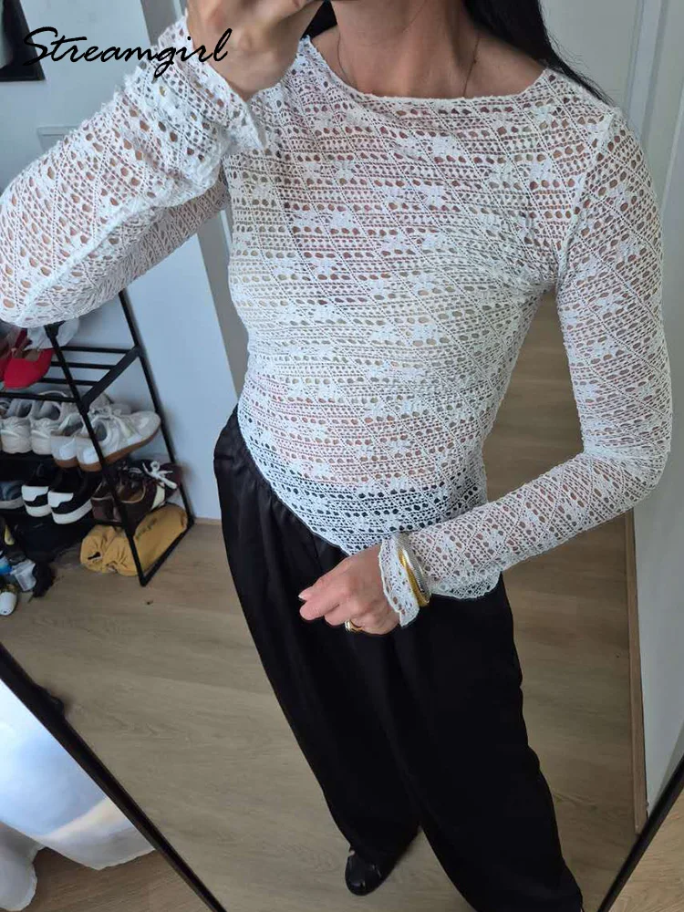 Streamgirl Summer Blouses For Women Long Sleeve Hollow Out Tops Knitted Skinny Fashion White Transparent Blouse Ladies Summer
Streamgirl Summer Blouses For Women Long Sleeve Hollow Out Tops Knitted Skinny Fashion White Transparent Blouse Ladies Summer