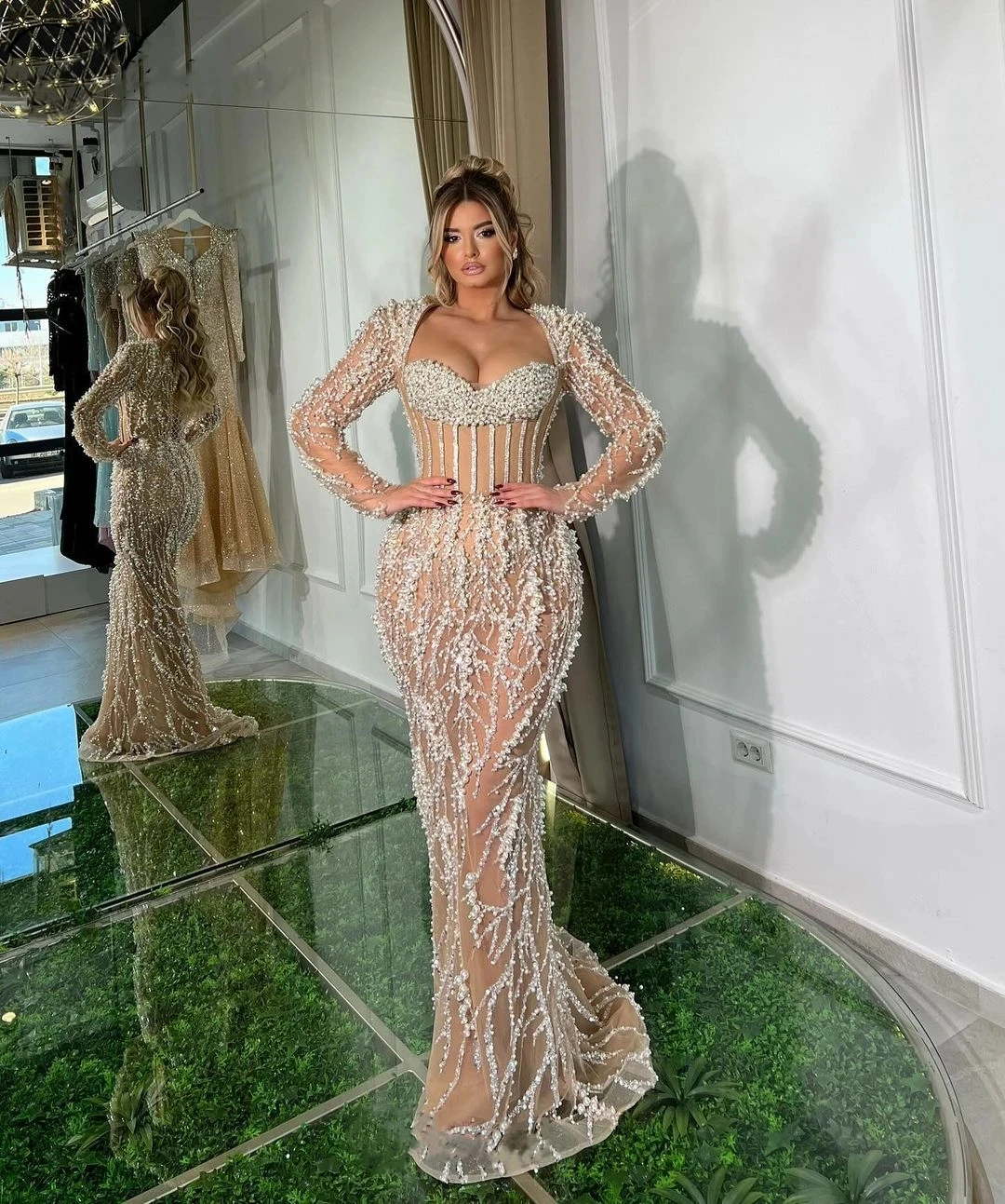 Gorgeous Pearl Sequine Beaded Mermaid Prom Dress Long Sleeves Lace Up Formal Occasion Evening Dresses Custom Made
Gorgeous Pearl Sequine Beaded Mermaid Prom Dress Long Sleeves Lace Up Formal Occasion Evening Dresses Custom Made