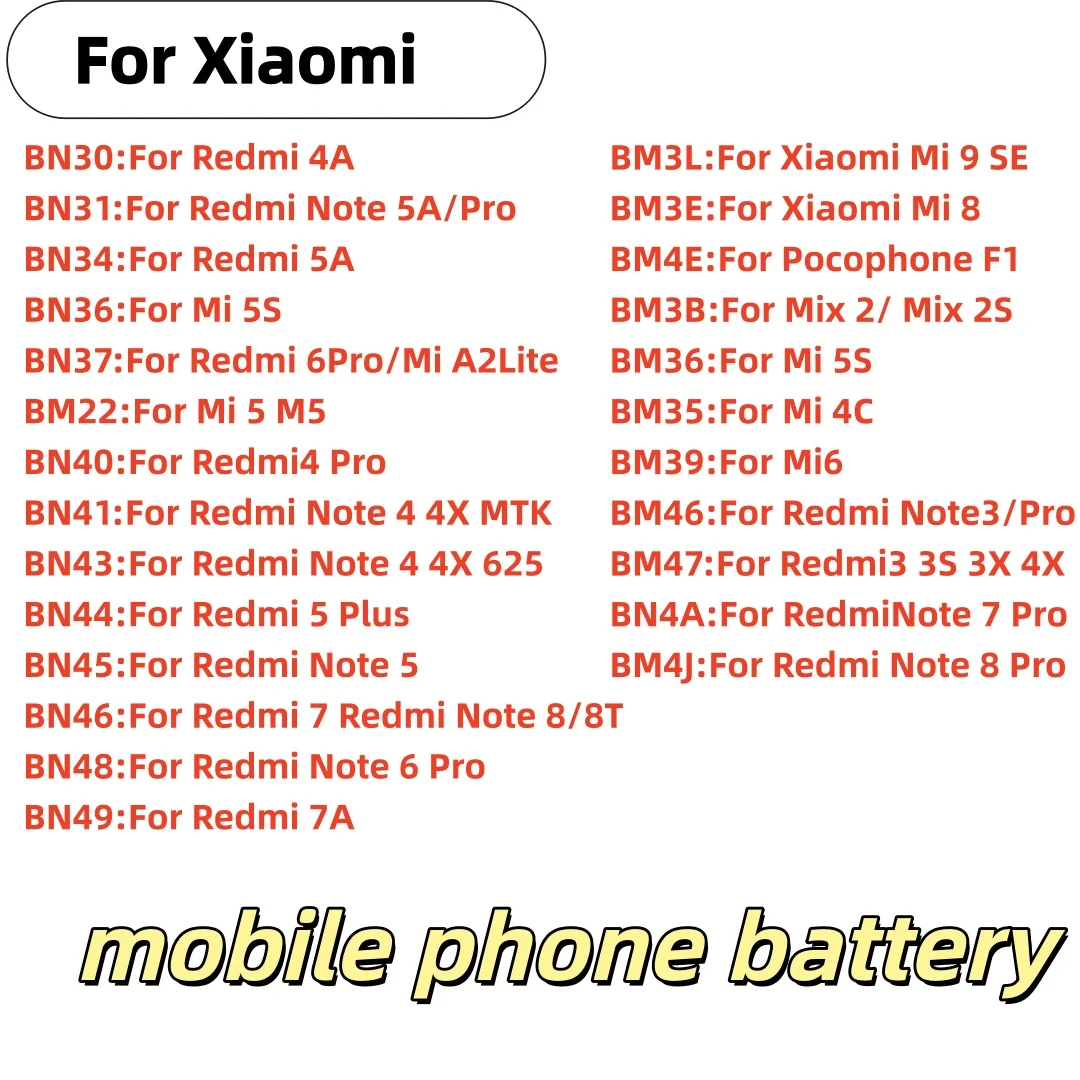 For Xiaomi Mi Redmi Note Mix Max 2 3 3S 3X 5 5A 5S M5 6 6A 4 4X 4A 4C Mi6X 7 7A 8 9 MI9 Pro Plus Lite Lithium battery
For Xiaomi Mi Redmi Note Mix Max 2 3 3S 3X 5 5A 5S M5 6 6A 4 4X 4A 4C Mi6X 7 7A 8 9 MI9 Pro Plus Lite Lithium battery