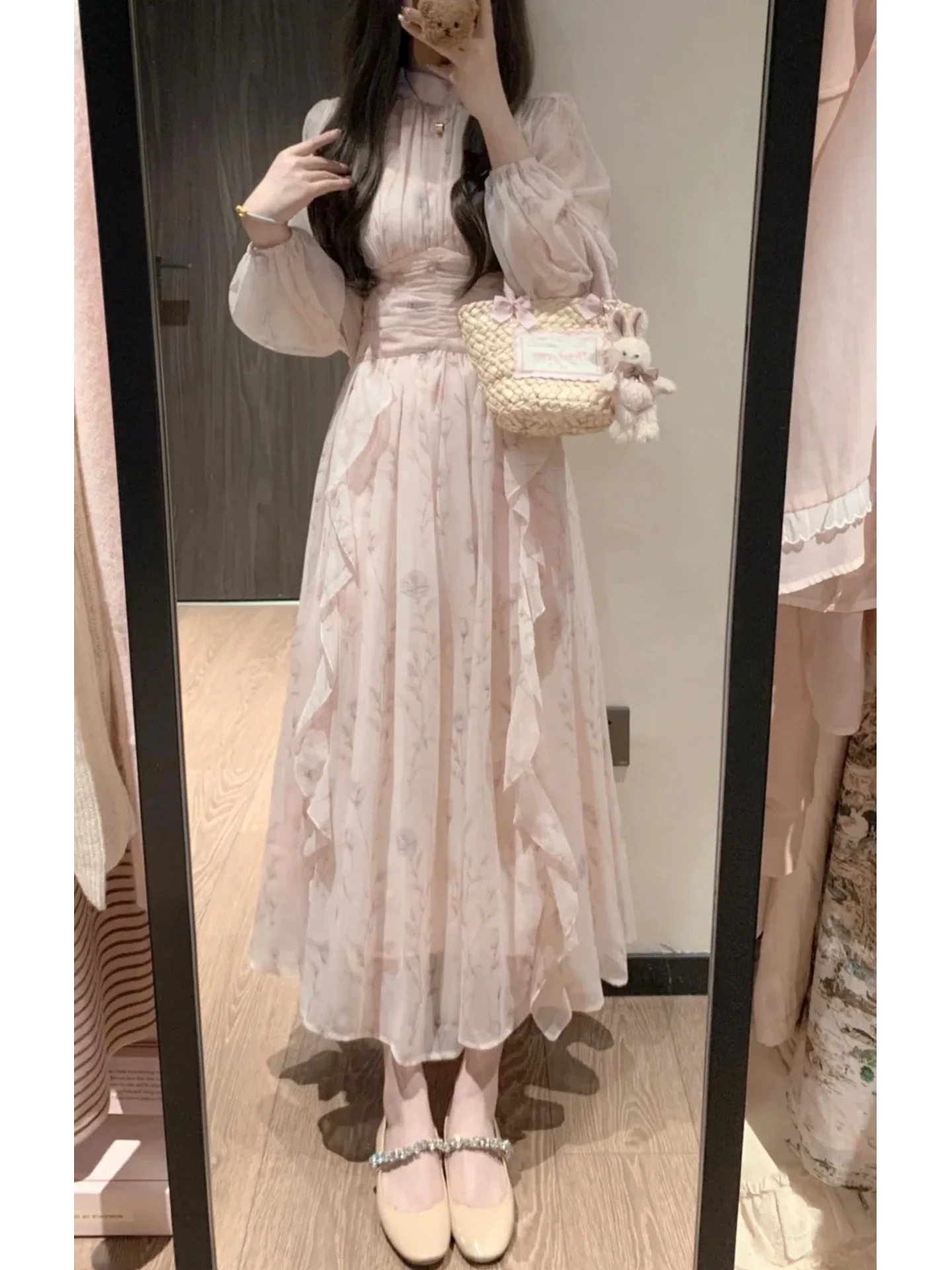 Japanese Style Long Sleeve Floral Print Maxi Dress with Lace Hem High Waist Women's Elegant Fairy Skirt Polyester Fiber
Japanese Style Long Sleeve Floral Print Maxi Dress with Lace Hem High Waist Women's Elegant Fairy Skirt Polyester Fiber