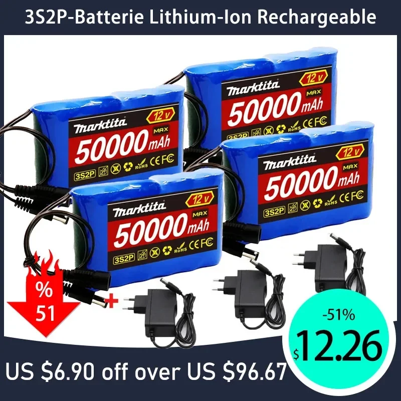 18650 3S2P 12V 50000mah DC 12.6V 50Ah Rechargeable CCTV, Original Lithium Ion Battery Camera Monitor Replacement Battery + Charg
18650 3S2P 12V 50000mah DC 12.6V 50Ah Rechargeable CCTV, Original Lithium Ion Battery Camera Monitor Replacement Battery + Charg