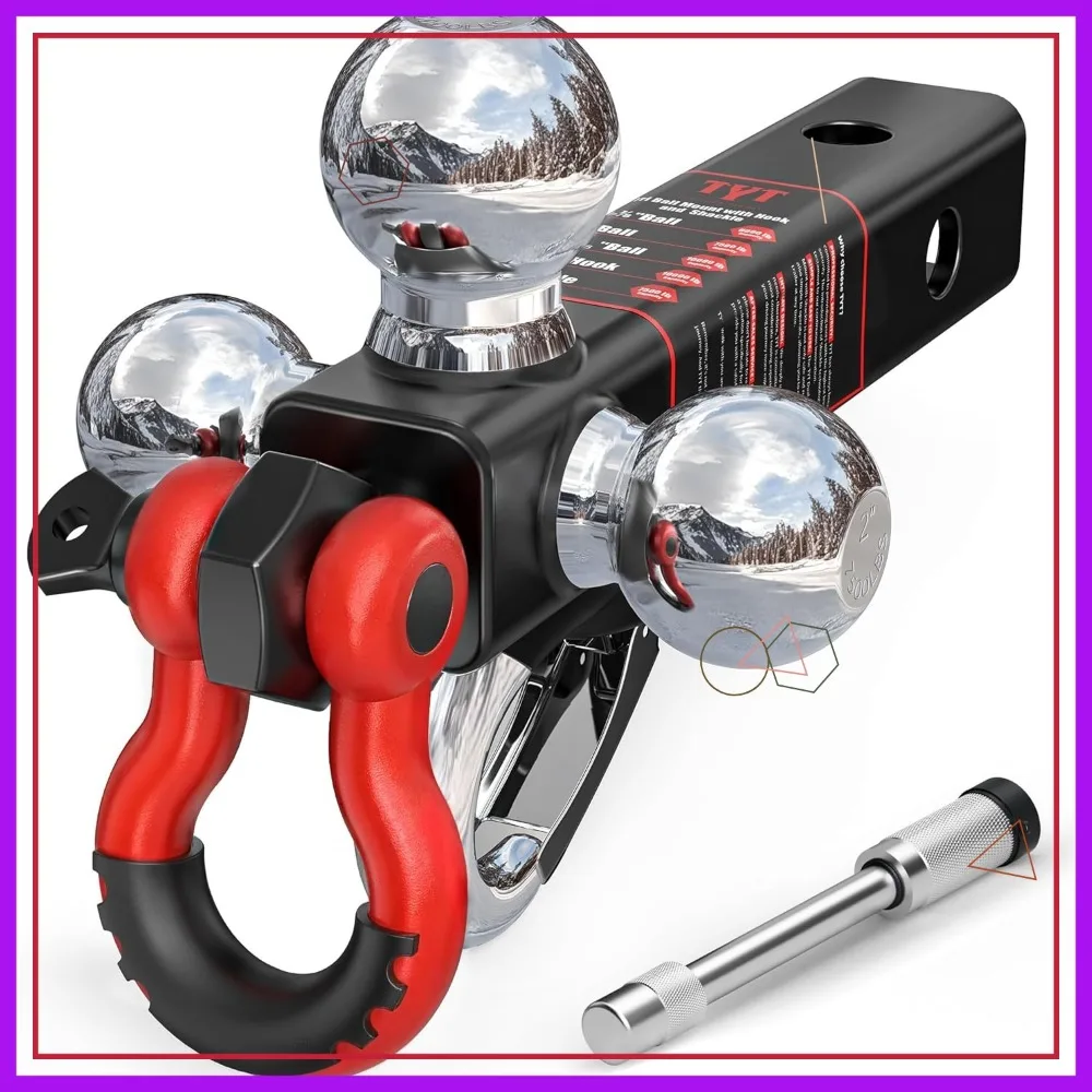Triple Ball Trailer Hitch for 2" Receiver, 3 Sizes (1-7/8", 2", 2-5/16") with Tow Hook & Shackle, 10K lbs GTW
Triple Ball Trailer Hitch for 2" Receiver, 3 Sizes (1-7/8", 2", 2-5/16") with Tow Hook & Shackle, 10K lbs GTW
