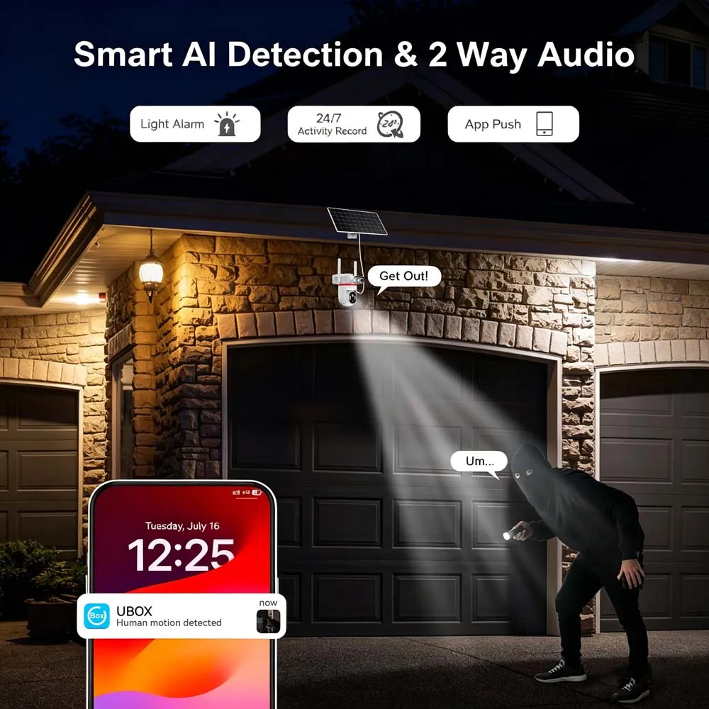 8MP 4G LTE Solar Security Camera, Wireless Outdoor PTZ with Auto-Tracking, Dual-Lens Dual PIR Detection Color Night Vision, IP66
8MP 4G LTE Solar Security Camera, Wireless Outdoor PTZ with Auto-Tracking, Dual-Lens Dual PIR Detection Color Night Vision, IP66