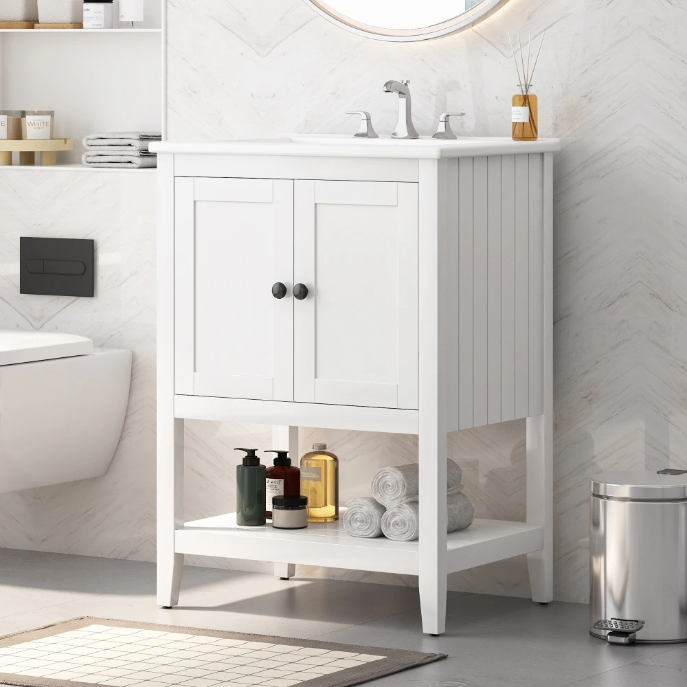 24" White Modern Sleek Bathroom Vanity Elegant Ceramic Sink With Solid Wood Frame Open Style Shelf
24" White Modern Sleek Bathroom Vanity Elegant Ceramic Sink With Solid Wood Frame Open Style Shelf