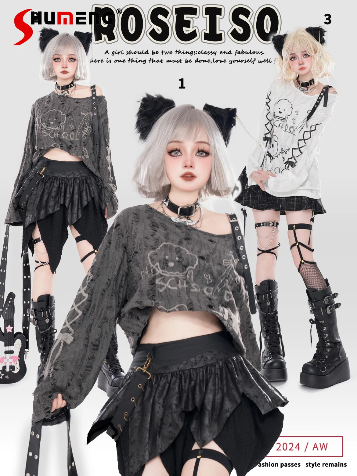 Japanese Dark Subculture Wasteland Style Cartoon Print Off-shoulder PU Strap Long Sleeve Loose Casual T-shirt Tops Women Autumn
Japanese Dark Subculture Wasteland Style Cartoon Print Off-shoulder PU Strap Long Sleeve Loose Casual T-shirt Tops Women Autumn