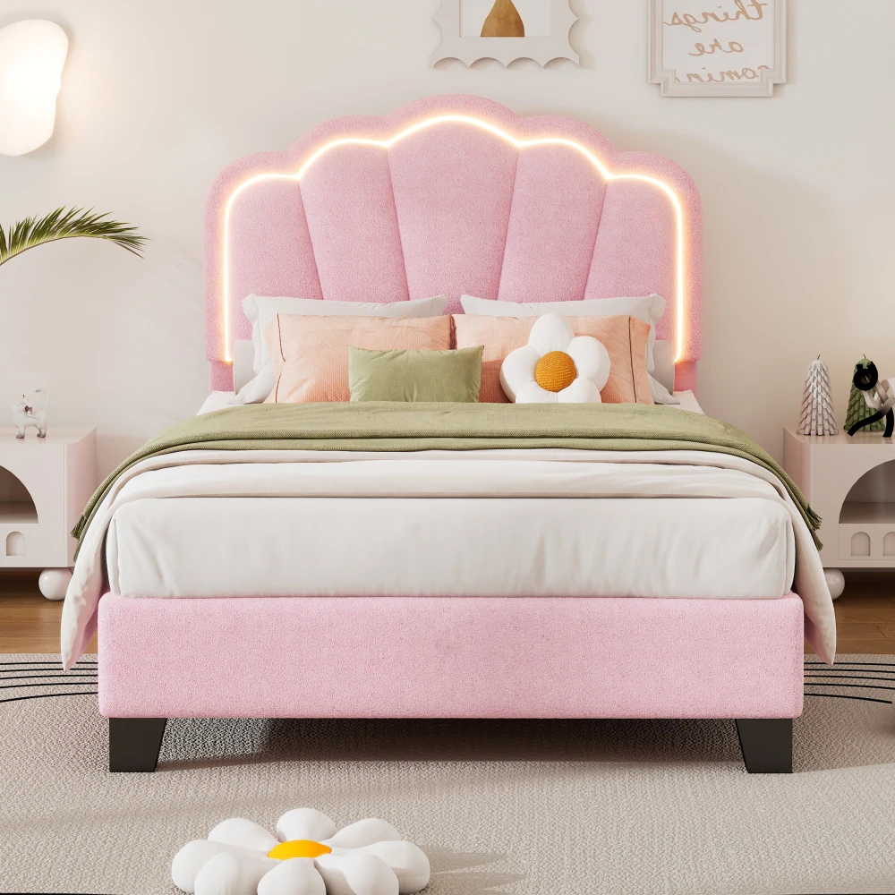 Twin Size Upholstered Flower-Shape Bed, Elegant Flowers Headboard with LED Light Strip ,Sherpa Fabric Platform Bed with Wooden
Twin Size Upholstered Flower-Shape Bed, Elegant Flowers Headboard with LED Light Strip ,Sherpa Fabric Platform Bed with Wooden