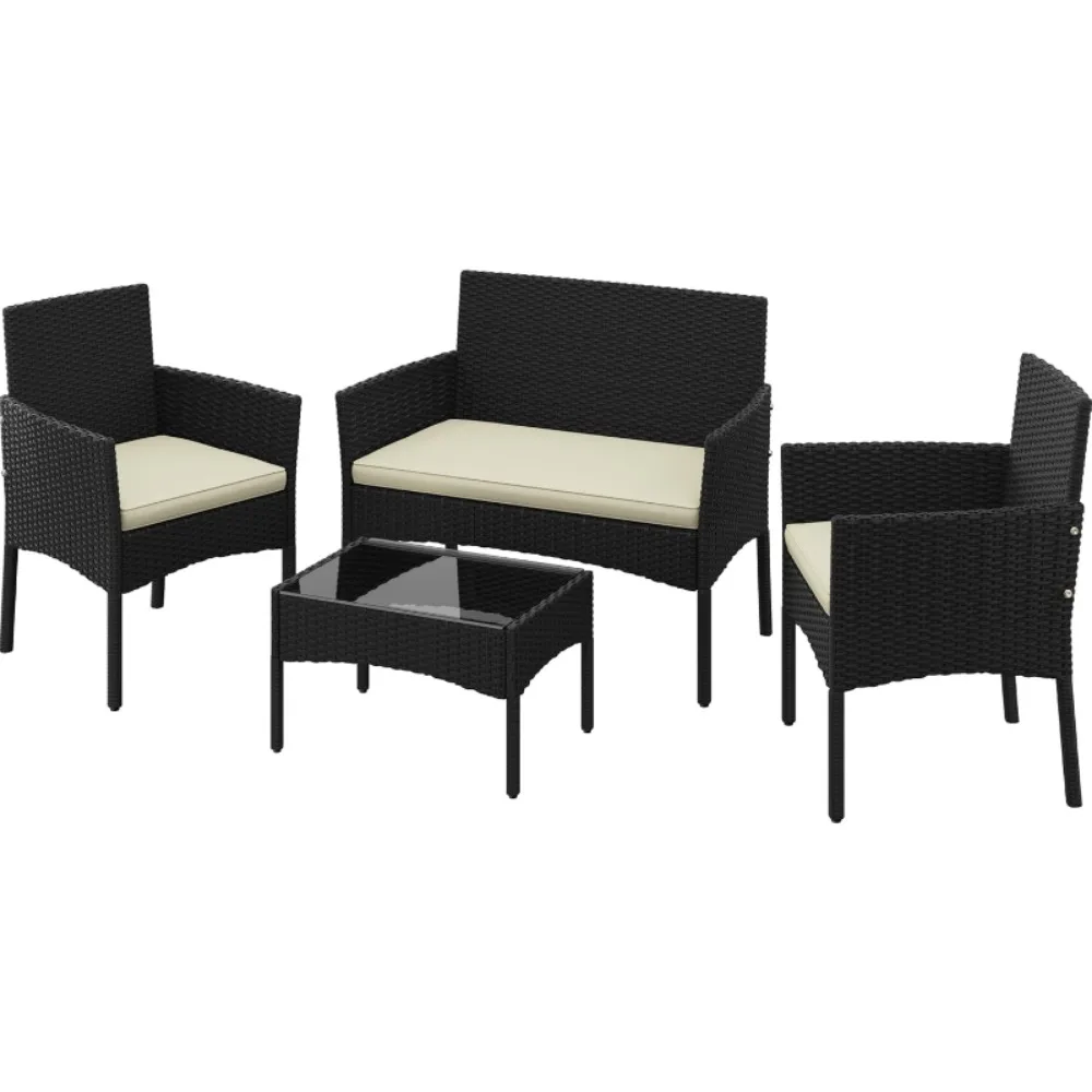Patio Furniture Set 4 Pieces Conversation Sets, Rattan Chair Wicker Set Loveseat with Soft Cushion and Glass Table
Patio Furniture Set 4 Pieces Conversation Sets, Rattan Chair Wicker Set Loveseat with Soft Cushion and Glass Table