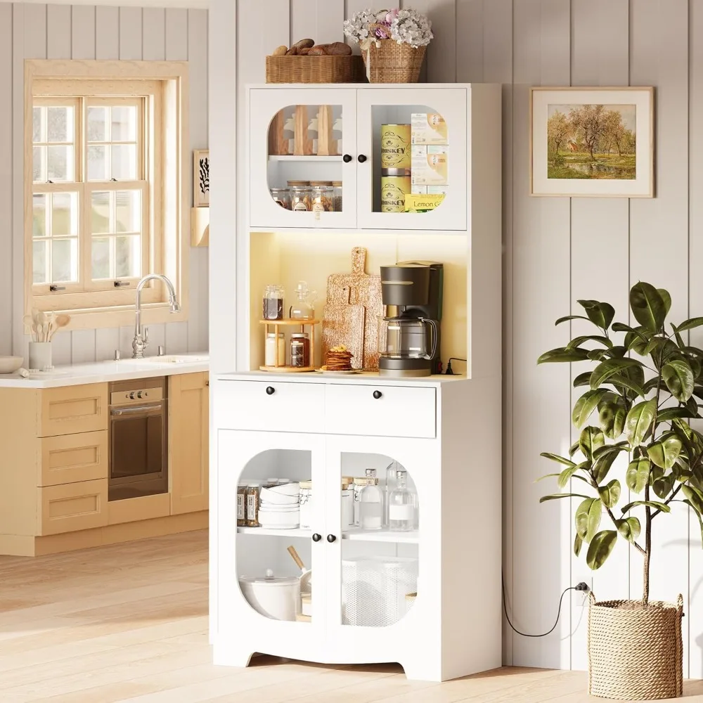 Pantry Storage Cabinet with Lights and Charging Station, Tall Hutch Cabinet with Storage and Microwave Shelf for Dining Room 
Pantry Storage Cabinet with Lights and Charging Station, Tall Hutch Cabinet with Storage and Microwave Shelf for Dining Room