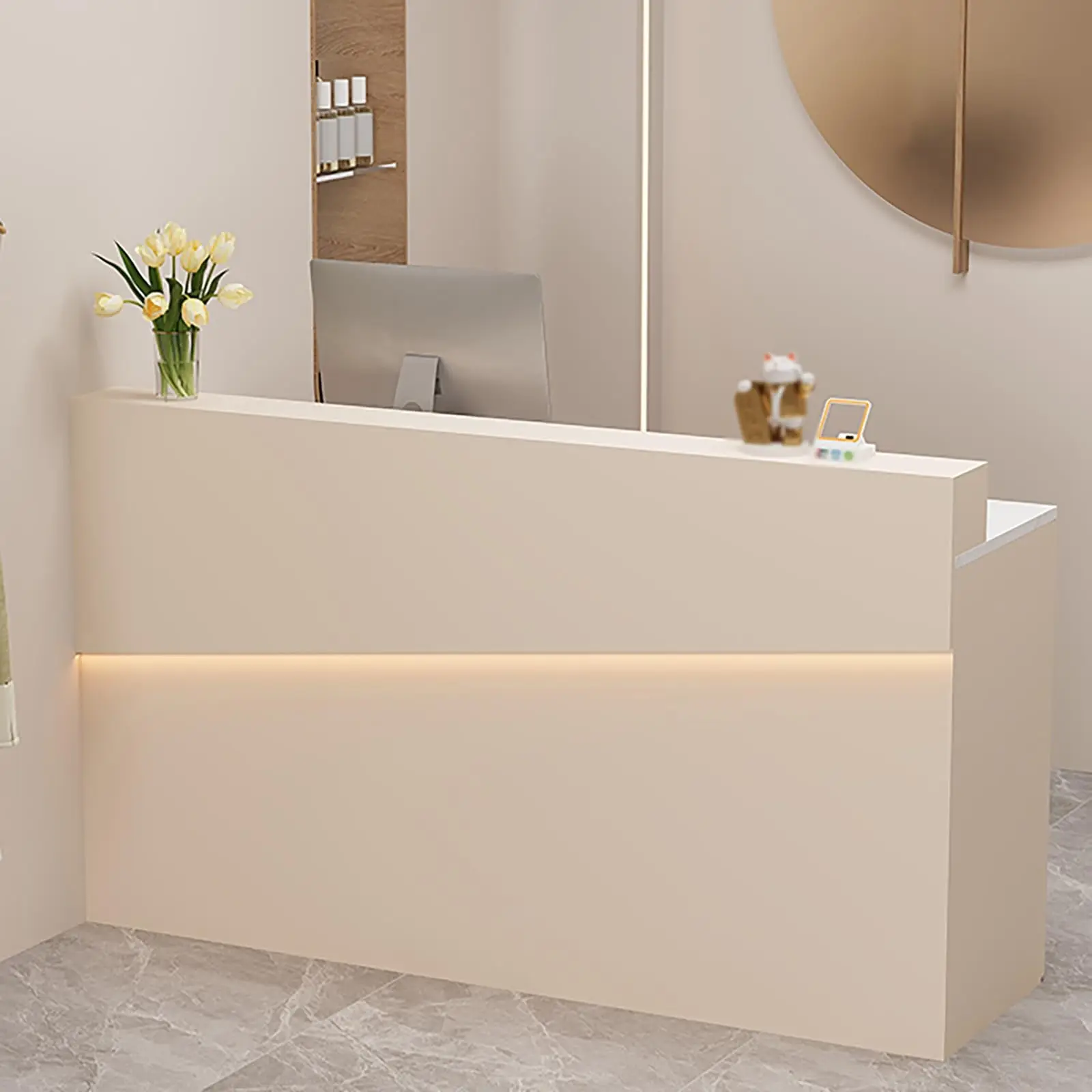 Reception Counter Modern Retail Counter Front Desk Reception Room Table Retail Counter with Display Shelf Drawers for Checkout
Reception Counter Modern Retail Counter Front Desk Reception Room Table Retail Counter with Display Shelf Drawers for Checkout