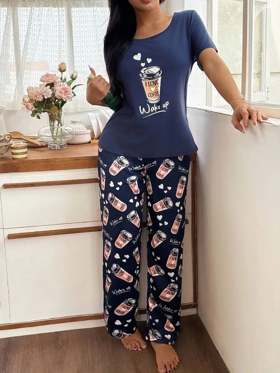 Coffee Cup Print Round Neck Short Sleeve Women Pajama Set Comfortable Sleepwear
Coffee Cup Print Round Neck Short Sleeve Women Pajama Set Comfortable Sleepwear