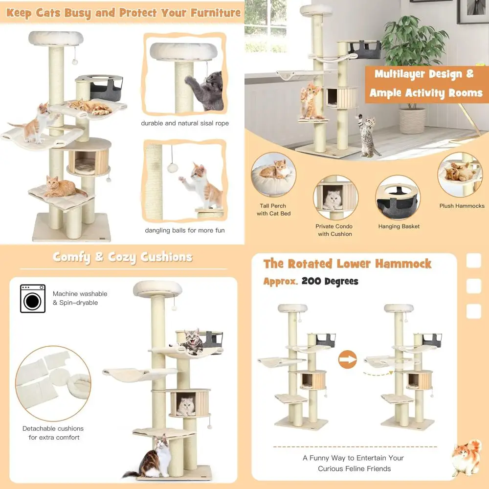 Современная кошачья башня высотой 77,5 с несколькими уровнями, когтеточками из сизаля, верхним окунем, гамаками, подвесной корзиной и шариками для джинглинга
Современная кошачья башня высотой 77,5 с несколькими уровнями, когтеточками из сизаля, верхним окунем, гамаками, подвесной корзиной и шариками для джинглинга