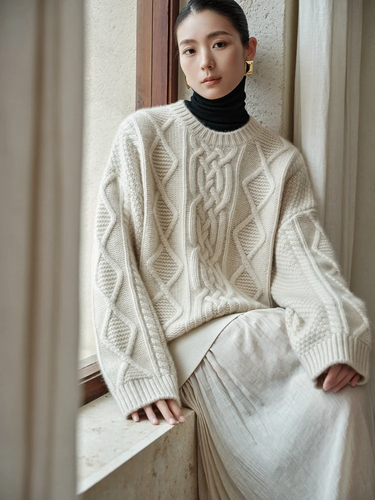 MEETCC Luxury Women 100% Cashmere Pullover O-neck Heavy Work Sweater Autumn Winter Thick Warm Cable Knitted Casual Loose Tops
MEETCC Luxury Women 100% Cashmere Pullover O-neck Heavy Work Sweater Autumn Winter Thick Warm Cable Knitted Casual Loose Tops