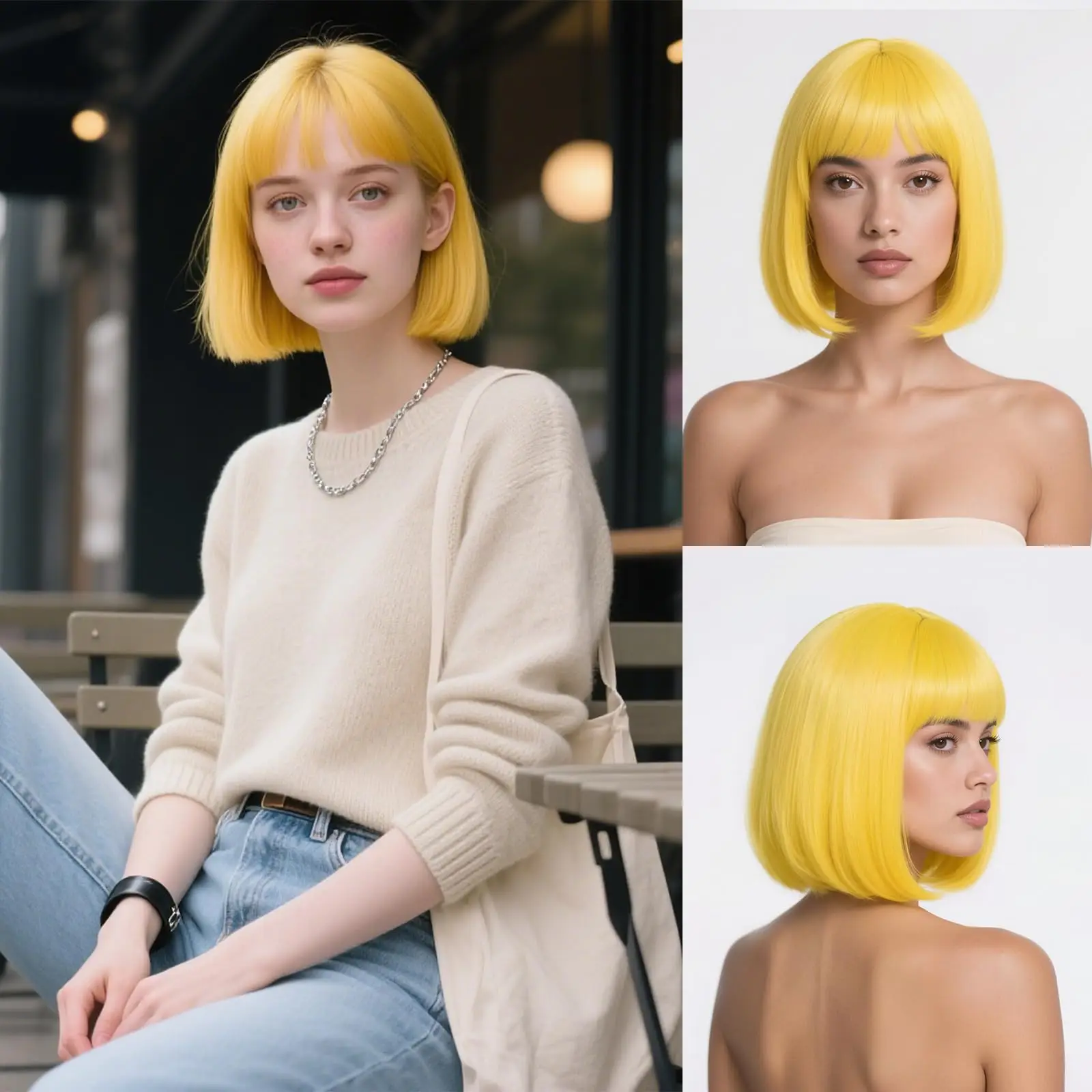 Yellow bobbed short straight synthetic wig for party, Halloween cosplay, daily wear, high-temperature resistant hairpiece
Yellow bobbed short straight synthetic wig for party, Halloween cosplay, daily wear, high-temperature resistant hairpiece
