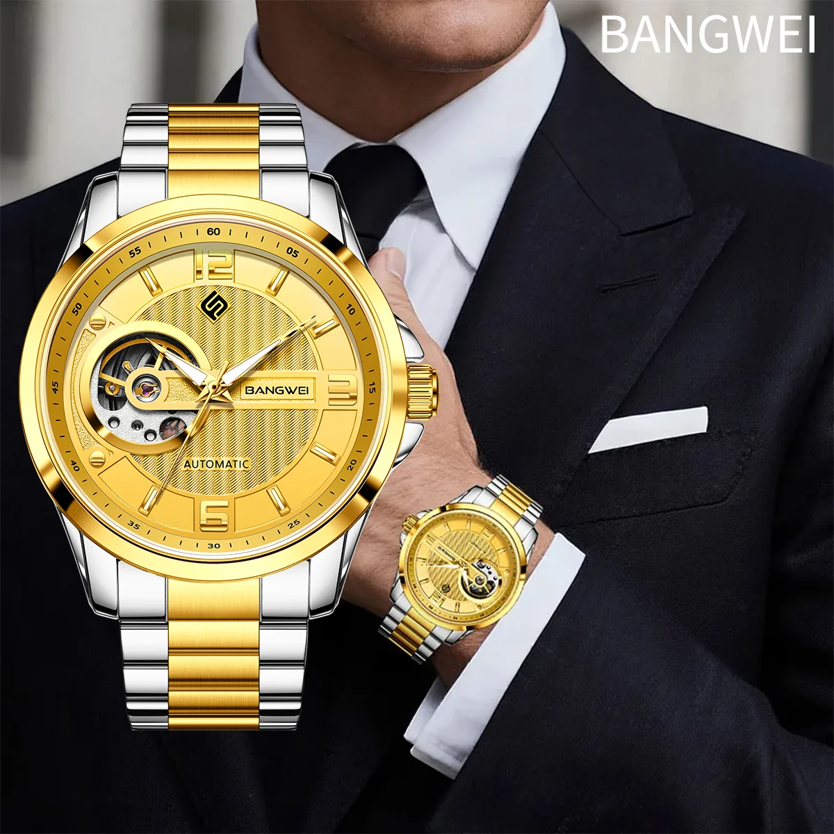 Мужские автоматические механические часы BANGWEI: элегантные водонепроницаемые часы-скелетон из нержавеющей стали, идеальный подарок для делового мужчины
Мужские автоматические механические часы BANGWEI: элегантные водонепроницаемые часы-скелетон из нержавеющей стали, идеальный подарок для делового мужчины