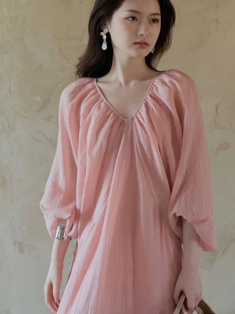 Нежно-розовое льняное платье с V-образным вырезом и рукавами-фонариками, длинное, больших размеров, женская одежда, летнее, свободного кроя, Ciwalk
Нежно-розовое льняное платье с V-образным вырезом и рукавами-фонариками, длинное, больших размеров, женская одежда, летнее, свободного кроя, Ciwalk