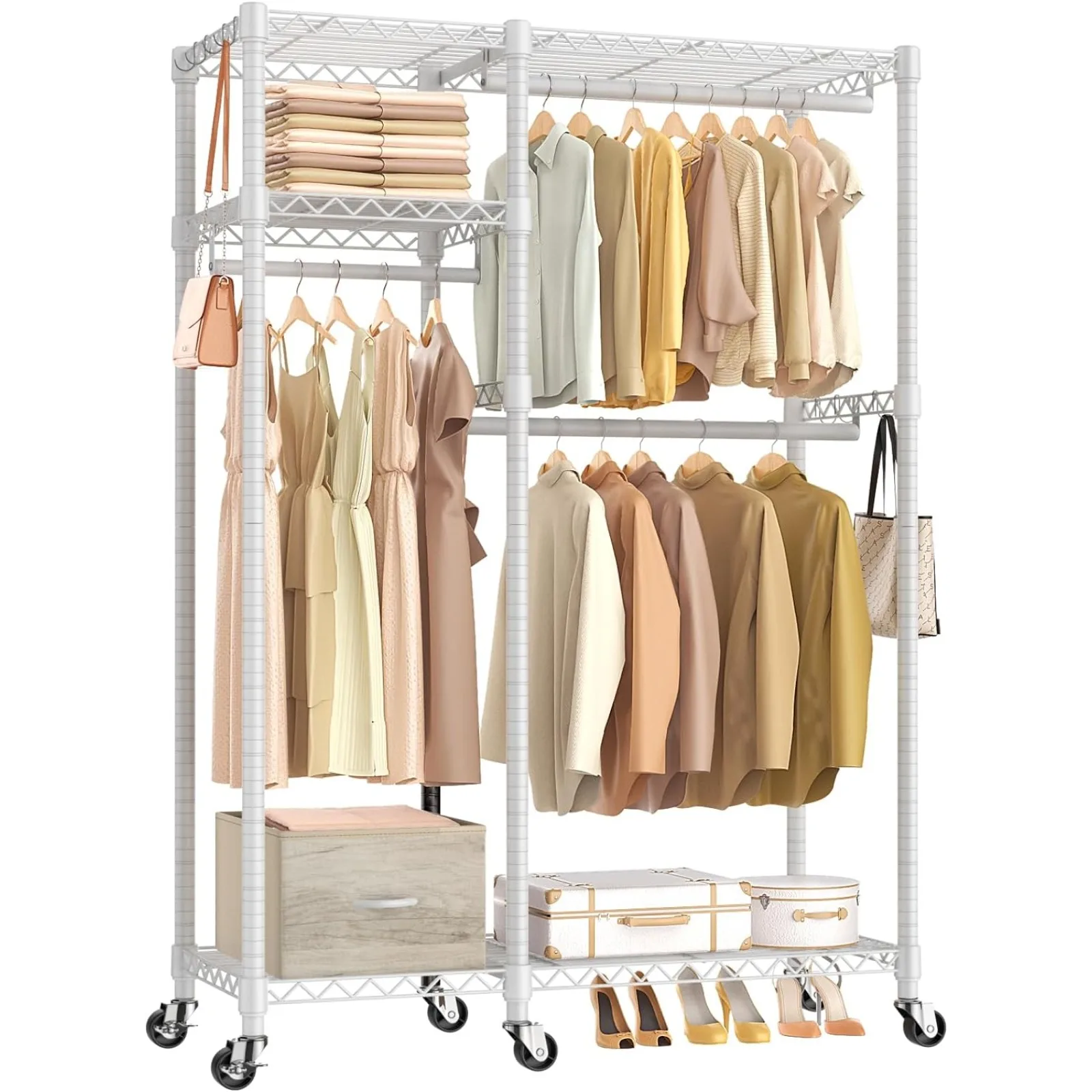 US Garment-Rack for Hanging Clothes, Heavy Duty Clothes Rack with Shelves, 3 Tiers Rolling Metal Clothing Rack
US Garment-Rack for Hanging Clothes, Heavy Duty Clothes Rack with Shelves, 3 Tiers Rolling Metal Clothing Rack
