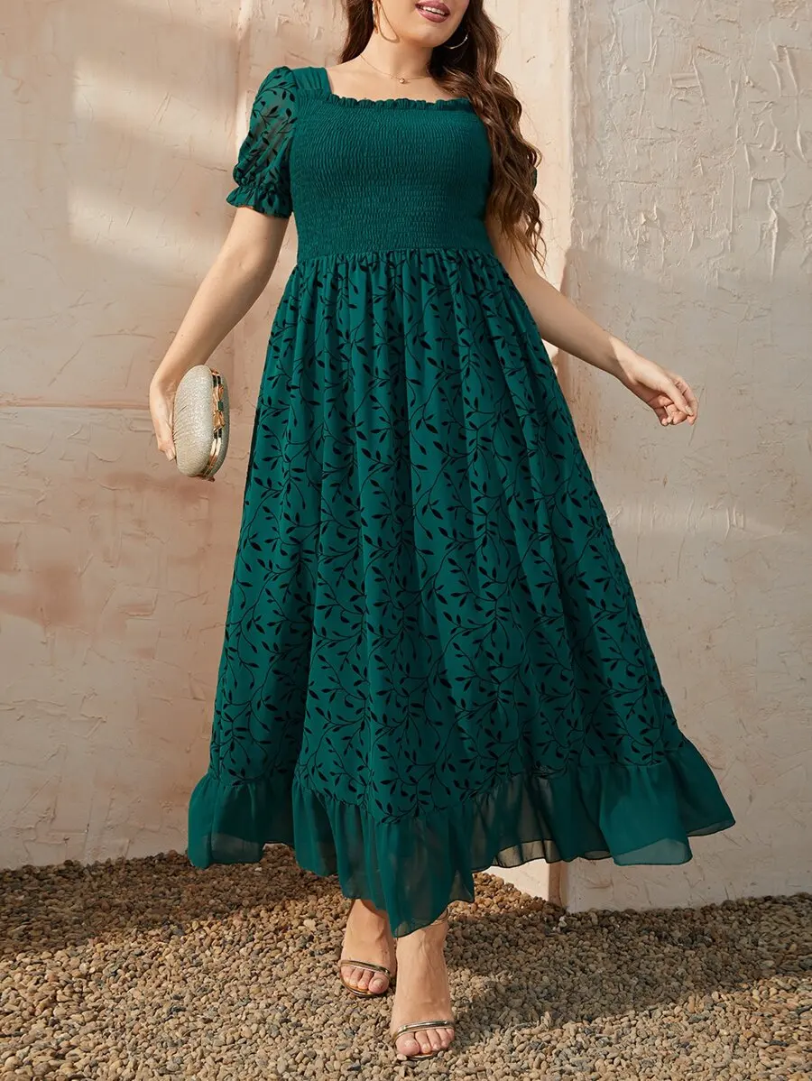 Plus Size Plant Print Shirred Square Neck Puff Sleeve Ruffle Hem Maxi Dress
Plus Size Plant Print Shirred Square Neck Puff Sleeve Ruffle Hem Maxi Dress