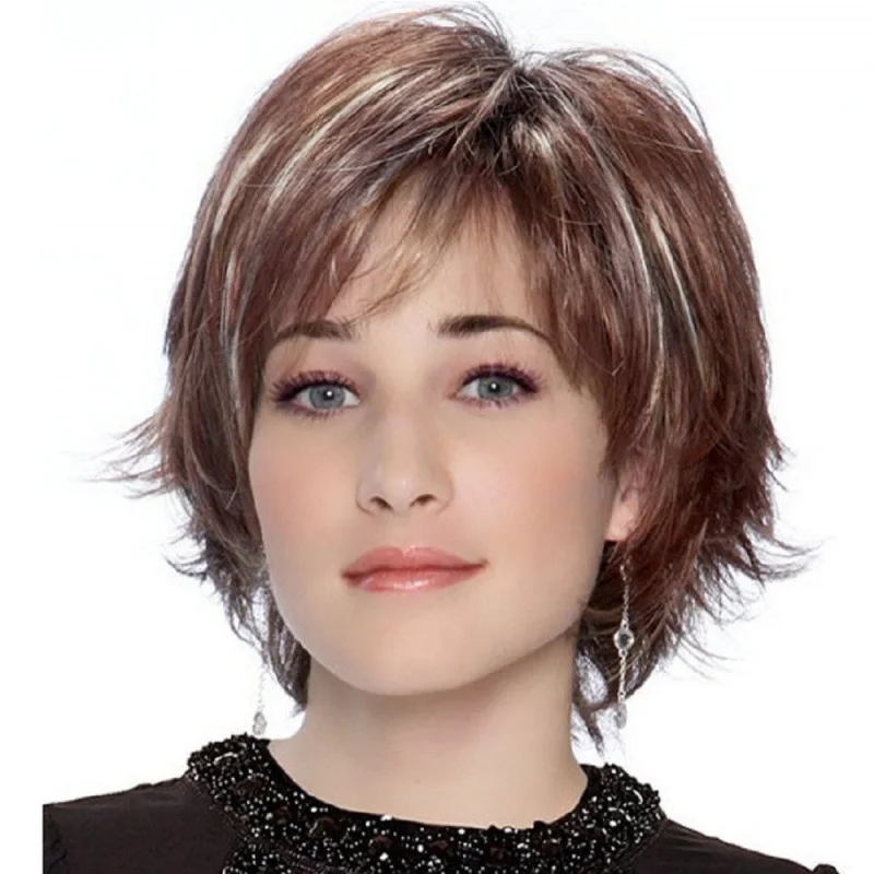 European and American style women's short straight hair , mixed color, fluffy, with side bangs, synthetic fiber wig
European and American style women's short straight hair , mixed color, fluffy, with side bangs, synthetic fiber wig