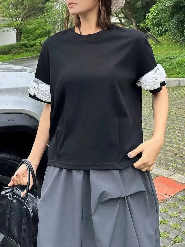Women Black 3d Flower Spliced Big Size Casual T-shirt New Round Neck Short Sleeve Fashion Tide Spring Summer
Women Black 3d Flower Spliced Big Size Casual T-shirt New Round Neck Short Sleeve Fashion Tide Spring Summer