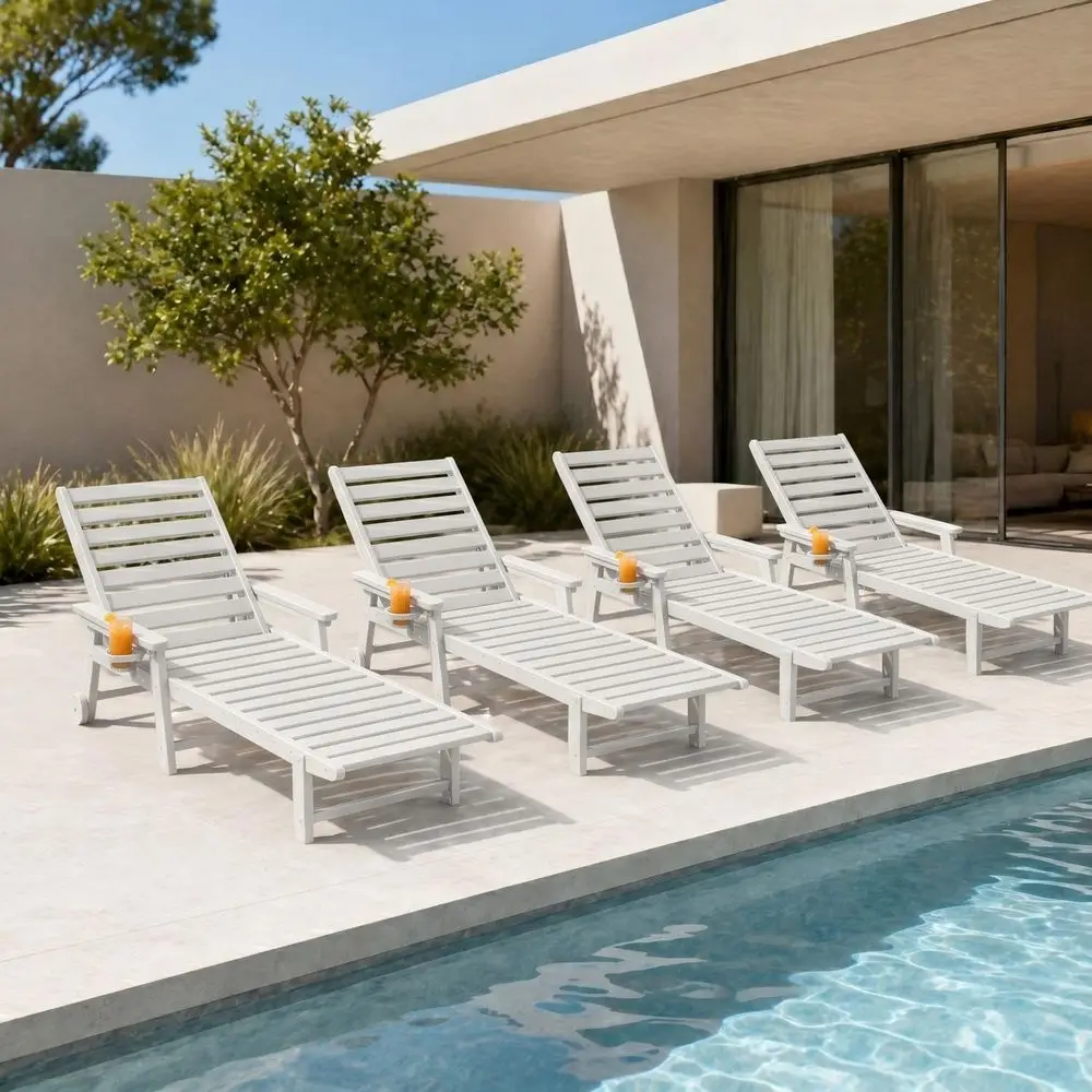 Outdoor 4-Piece Weather-Resistant HDPE Lounge Set, Adjustable Pool Chairs with Wheels & Cup Holder, Ideal for Patio, Beach, Pool
Outdoor 4-Piece Weather-Resistant HDPE Lounge Set, Adjustable Pool Chairs with Wheels & Cup Holder, Ideal for Patio, Beach, Pool