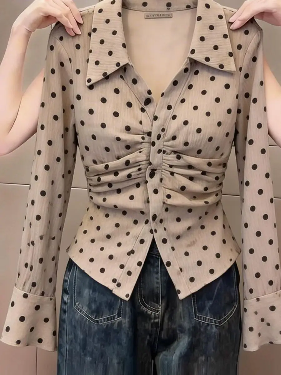 Fashionable Commute Polka Dot Long Sleeve Shirt Women's Waist Cinched Collared Top Spring 2026 Korean Style Pleated Korean Brand
Fashionable Commute Polka Dot Long Sleeve Shirt Women's Waist Cinched Collared Top Spring 2026 Korean Style Pleated Korean Brand