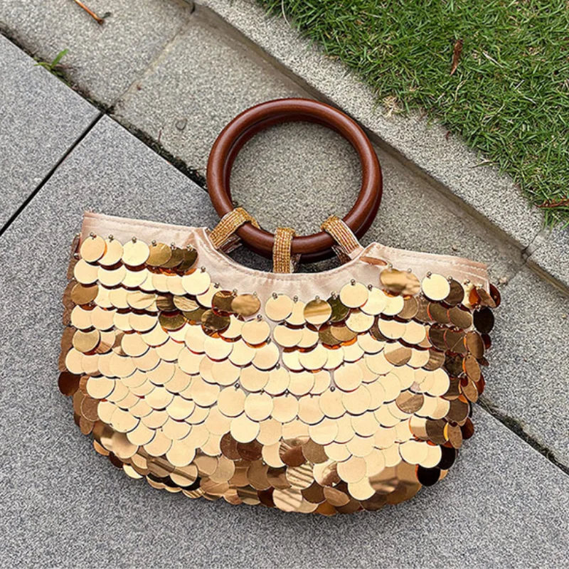 Elegant Round Handle Sequin Clutch Bag, Handmade Sparkly Bead Tote, Wooden Ring Hanbag Party Evening Handbag For Wedding Women
Elegant Round Handle Sequin Clutch Bag, Handmade Sparkly Bead Tote, Wooden Ring Hanbag Party Evening Handbag For Wedding Women