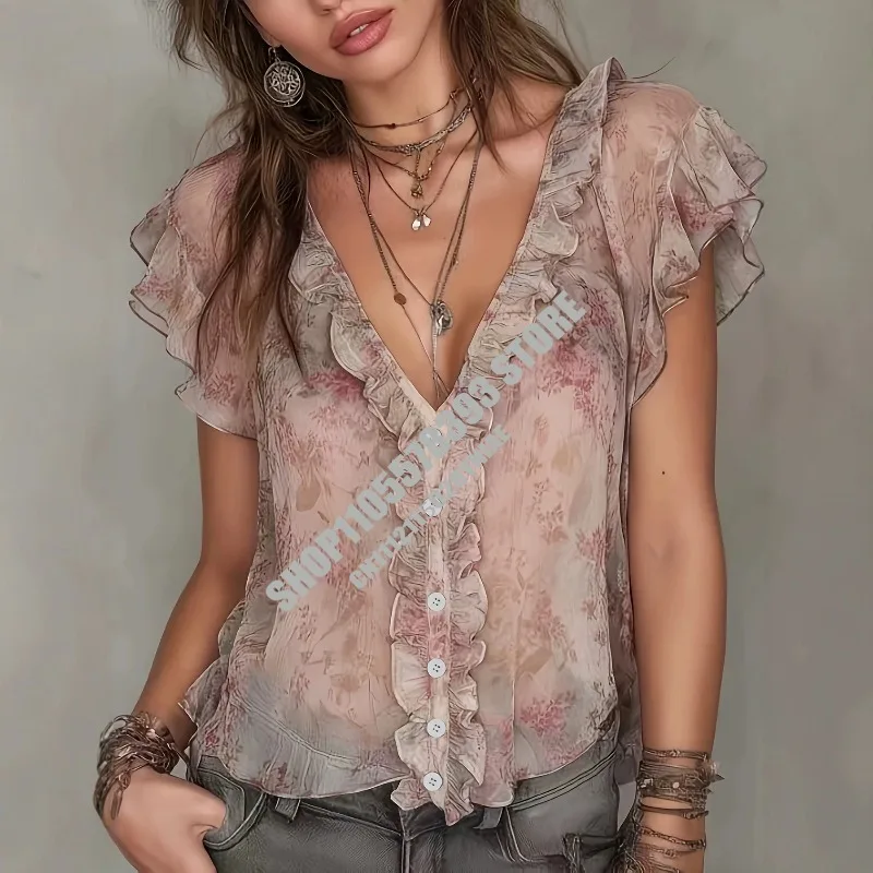 Women Vintage Floral Print Blouse V Neck Ruffle Trim Short Sleeve Button Down Shirts Casual Bohemian Sheer Chiffon Summer Tops
Women Vintage Floral Print Blouse V Neck Ruffle Trim Short Sleeve Button Down Shirts Casual Bohemian Sheer Chiffon Summer Tops
