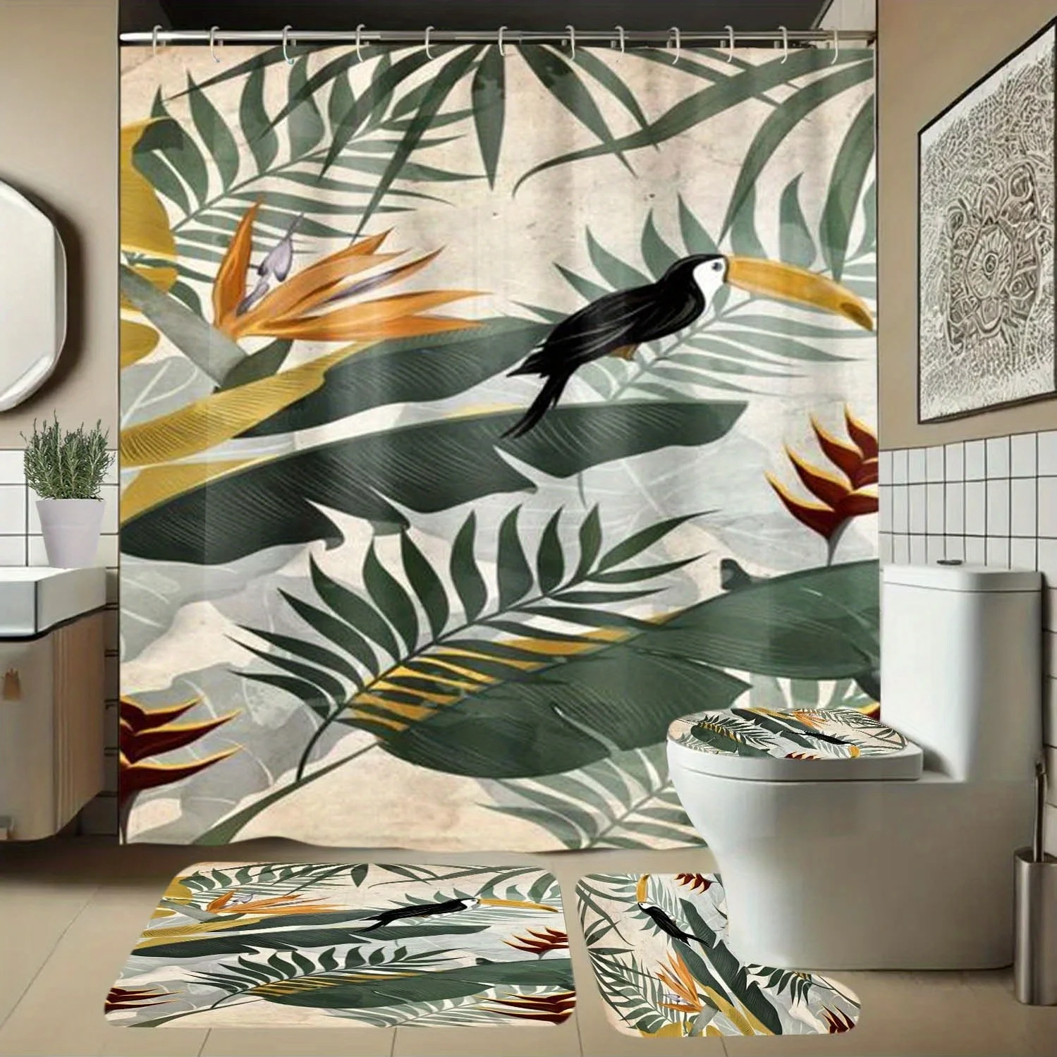 4 шт., занавеска для душа с попугаем, тропическим листом, цветочным узором и крючками, занавеска для перегородки в ванной комнате, аксессуары для ванной комнаты
4 шт., занавеска для душа с попугаем, тропическим листом, цветочным узором и крючками, занавеска для перегородки в ванной комнате, аксессуары для ванной комнаты