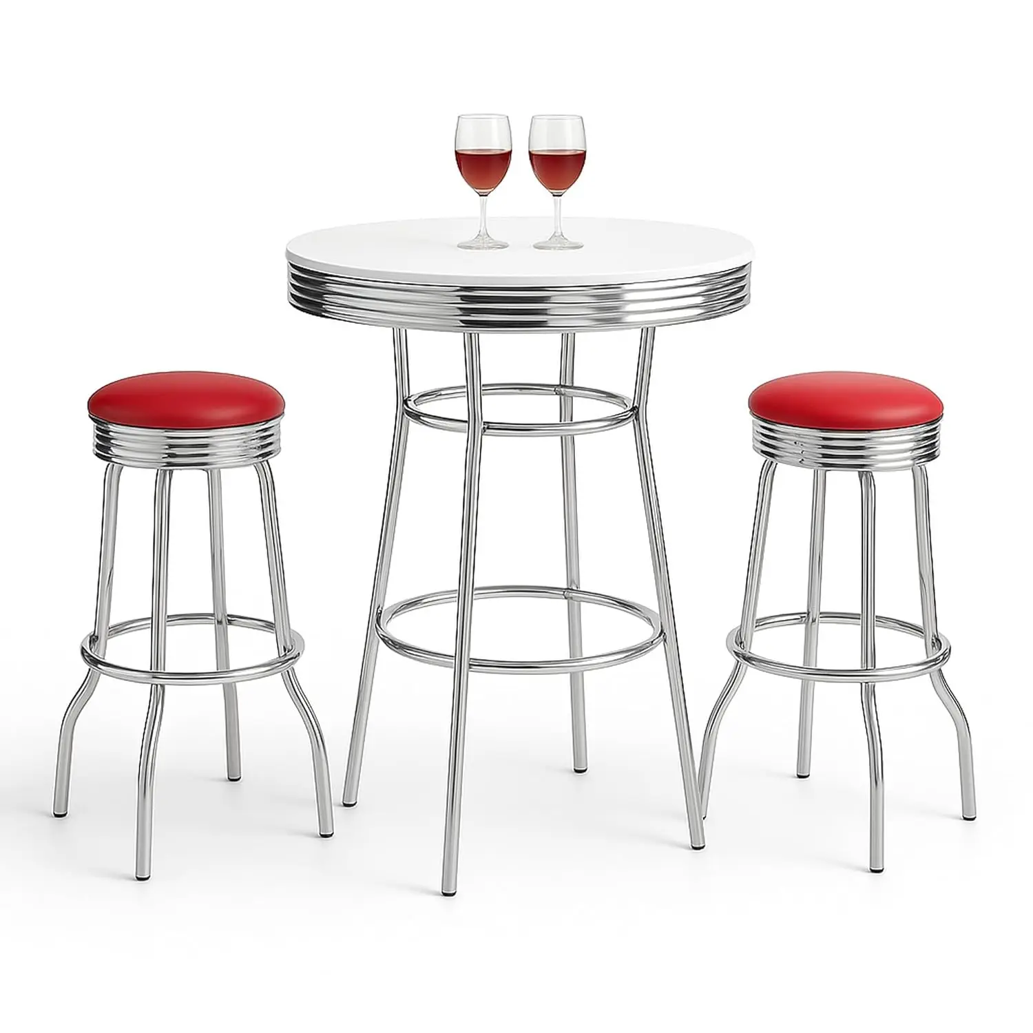 Retro Chrome 3-Piece Pub Bar Set White Round Table with Red Leatherette Swivel Stools 30 Inch Diameter 1950s Diner Style, Custom
Retro Chrome 3-Piece Pub Bar Set White Round Table with Red Leatherette Swivel Stools 30 Inch Diameter 1950s Diner Style, Custom