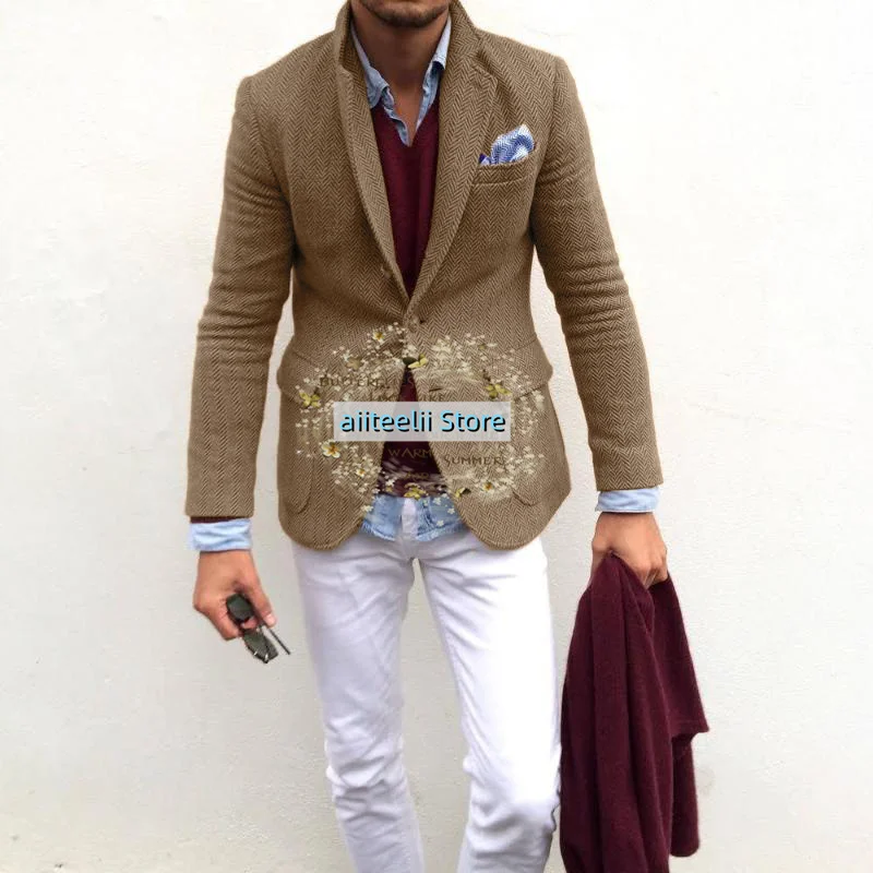 Winter New Brown Wool Tweed Men's Suit Jacket Slim Fit Casual Party Herringbone Wedding Costume Homme
Winter New Brown Wool Tweed Men's Suit Jacket Slim Fit Casual Party Herringbone Wedding Costume Homme