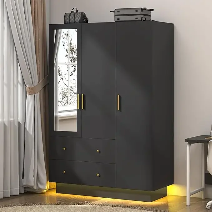 3 Door Wardrobe Closet with Mirror & LED Lights, Bedroom Armoire with Drawers & Shelves, Modern Wooden Armoire Wardr
3 Door Wardrobe Closet with Mirror & LED Lights, Bedroom Armoire with Drawers & Shelves, Modern Wooden Armoire Wardr