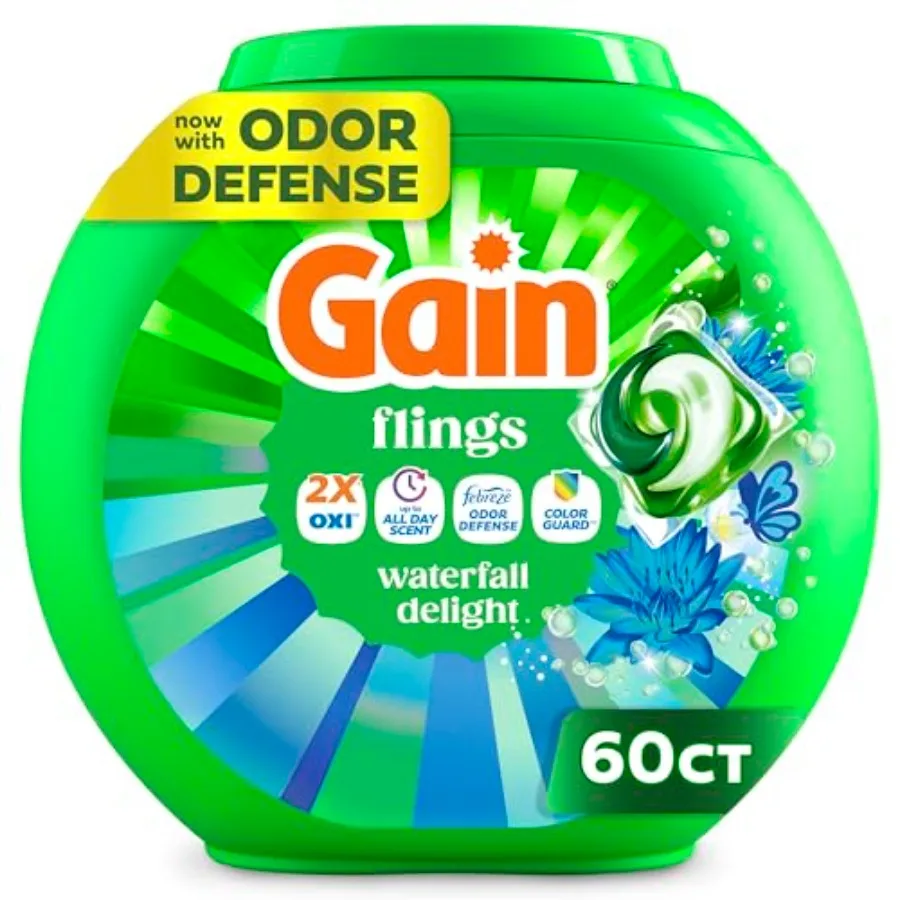 Gain Flings Liquid Washing Detergent Pacs, Now with Odor Defense + Color Guard, Waterfall Delight Scent, 4-In-1 Liquid Laundry
Gain Flings Liquid Washing Detergent Pacs, Now with Odor Defense + Color Guard, Waterfall Delight Scent, 4-In-1 Liquid Laundry