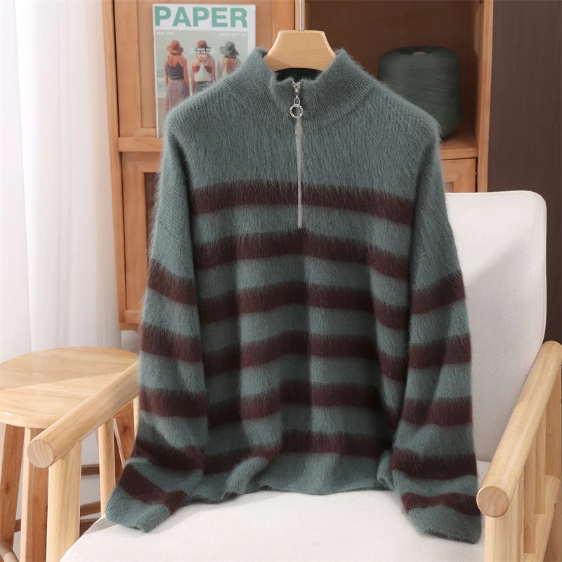 Women Mink Cashmere Sweater Mock Neck Zipper Striped Pullover Autumn Winter Soft Warm Clothing 100% Mink Cashmere Knitwear Tops
Women Mink Cashmere Sweater Mock Neck Zipper Striped Pullover Autumn Winter Soft Warm Clothing 100% Mink Cashmere Knitwear Tops
