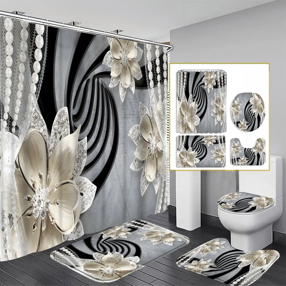 Elegant Black and White Floral Bathroom Four-Piece Set - Sophisticated Design with 3D Flowers and Beads for a High-Elegance
Elegant Black and White Floral Bathroom Four-Piece Set - Sophisticated Design with 3D Flowers and Beads for a High-Elegance