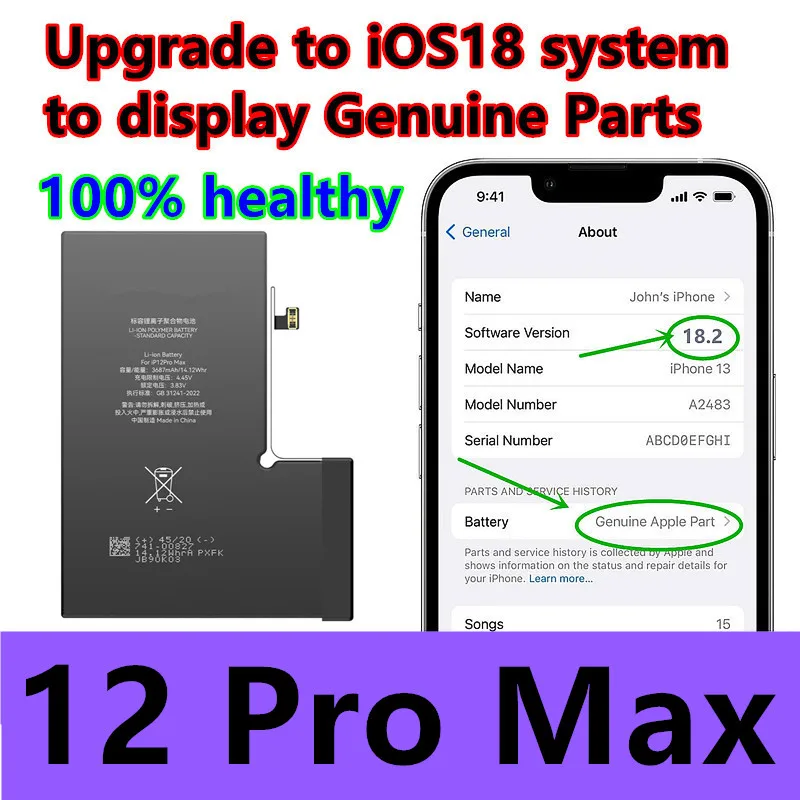 Battery for iPhone 12 Pro Max Settings ios 18 No Pop-up Message Health 100% No Welding Required and No Tag-on,Genuine Parts
Battery for iPhone 12 Pro Max Settings ios 18 No Pop-up Message Health 100% No Welding Required and No Tag-on,Genuine Parts