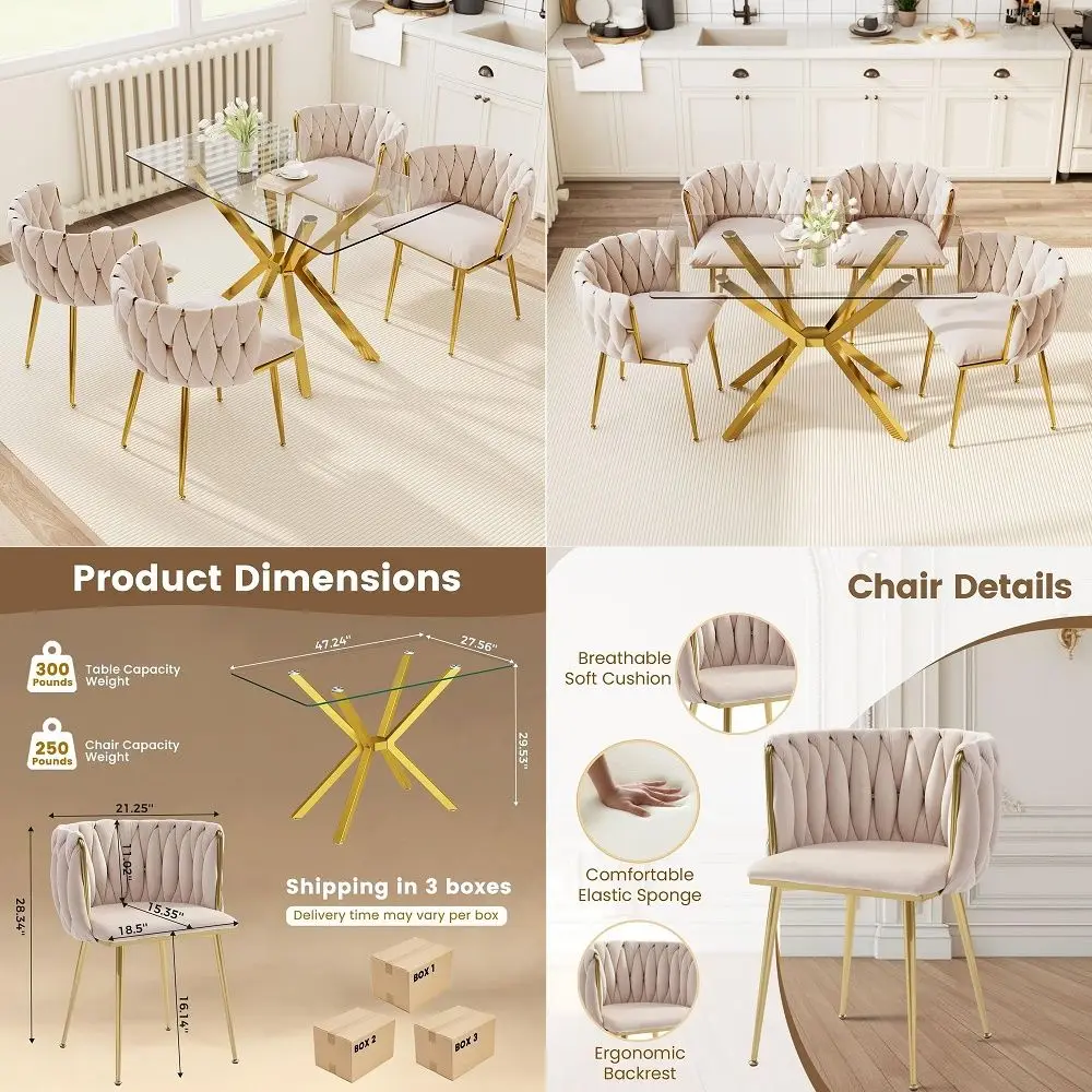 Glass Dining Table Set for 4 with 47.2 Rectangular Tempered Glass, 5 Pieces Kitchen Table Set with 4 Comfortable Velvet Chairs
Glass Dining Table Set for 4 with 47.2 Rectangular Tempered Glass, 5 Pieces Kitchen Table Set with 4 Comfortable Velvet Chairs