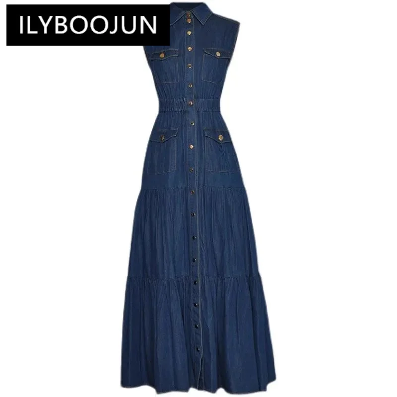 Fashion Spring dress Women Polo Neck Sleeveless Single Breasted Grace Casual Lake Blue Ankle-Length Denim Dress
Fashion Spring dress Women Polo Neck Sleeveless Single Breasted Grace Casual Lake Blue Ankle-Length Denim Dress
