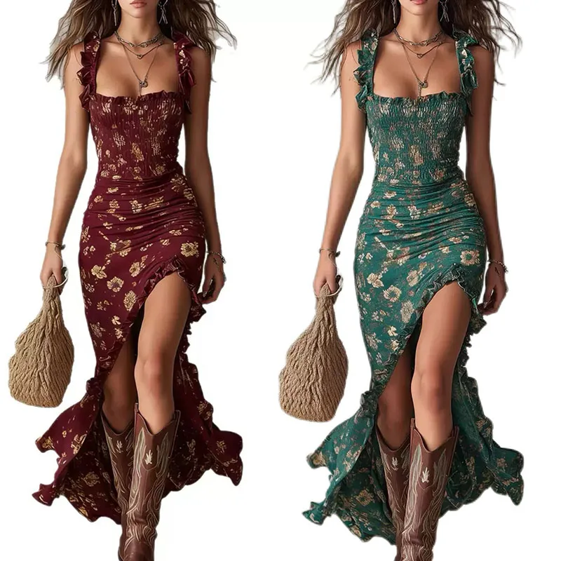 Women Fashion Boho Floral Print Maxi Dress Strapless Ruched High Slit Long Dresses Summer Sleeveless Ruffle Bodycon Party Dress
Women Fashion Boho Floral Print Maxi Dress Strapless Ruched High Slit Long Dresses Summer Sleeveless Ruffle Bodycon Party Dress