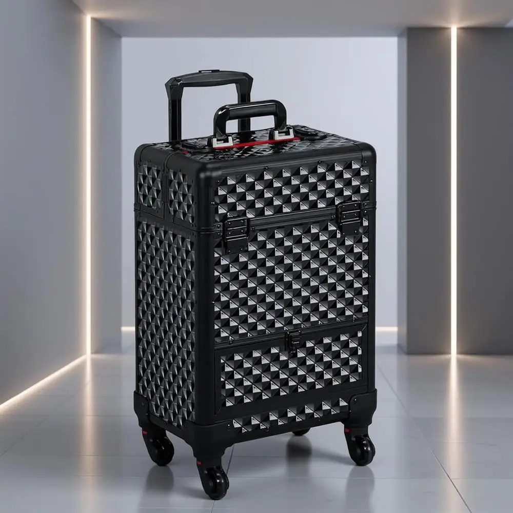 Portable Rolling Makeup Train Case with Wheels, Lockable Travel Trolley, Removable Dividers, Black/Red
Portable Rolling Makeup Train Case with Wheels, Lockable Travel Trolley, Removable Dividers, Black/Red