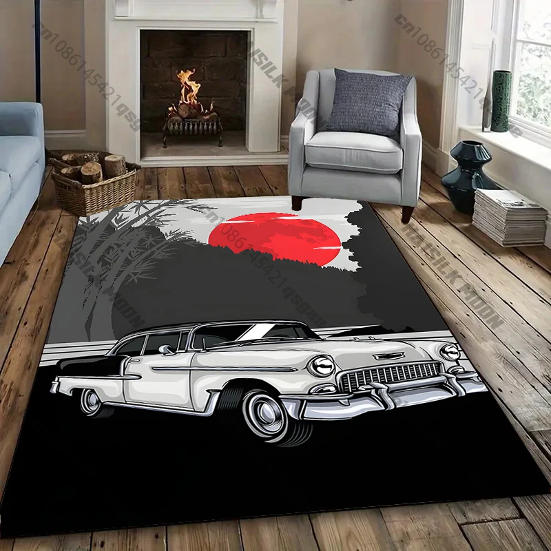 "Retro Car with Red Sunset" living room bedroom sofa decor carpet, Luxury gift mat
"Retro Car with Red Sunset" living room bedroom sofa decor carpet, Luxury gift mat
