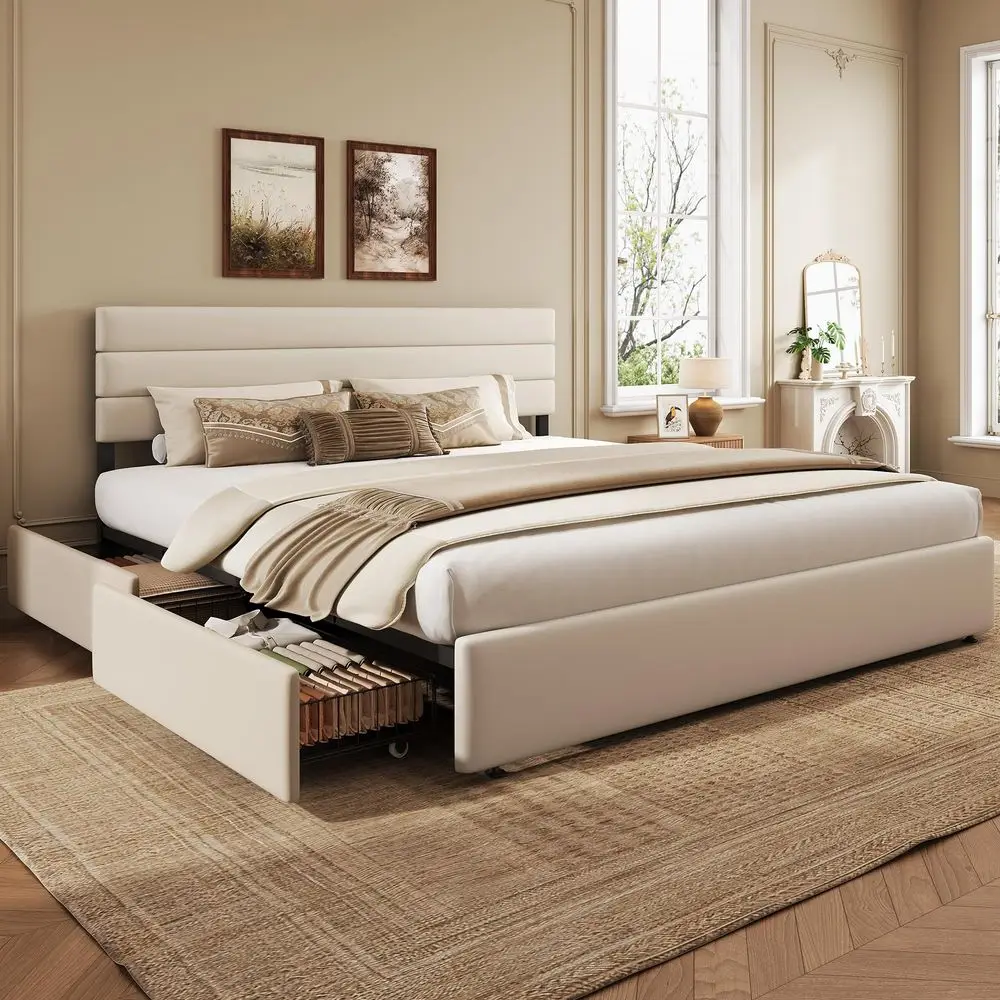 King Size Upholstered Bed Frame with 4 Storage Drawers and Headboard, Velvet Platform Bedframe, Sturdy Metal amp Wooden Slats S
King Size Upholstered Bed Frame with 4 Storage Drawers and Headboard, Velvet Platform Bedframe, Sturdy Metal amp Wooden Slats S