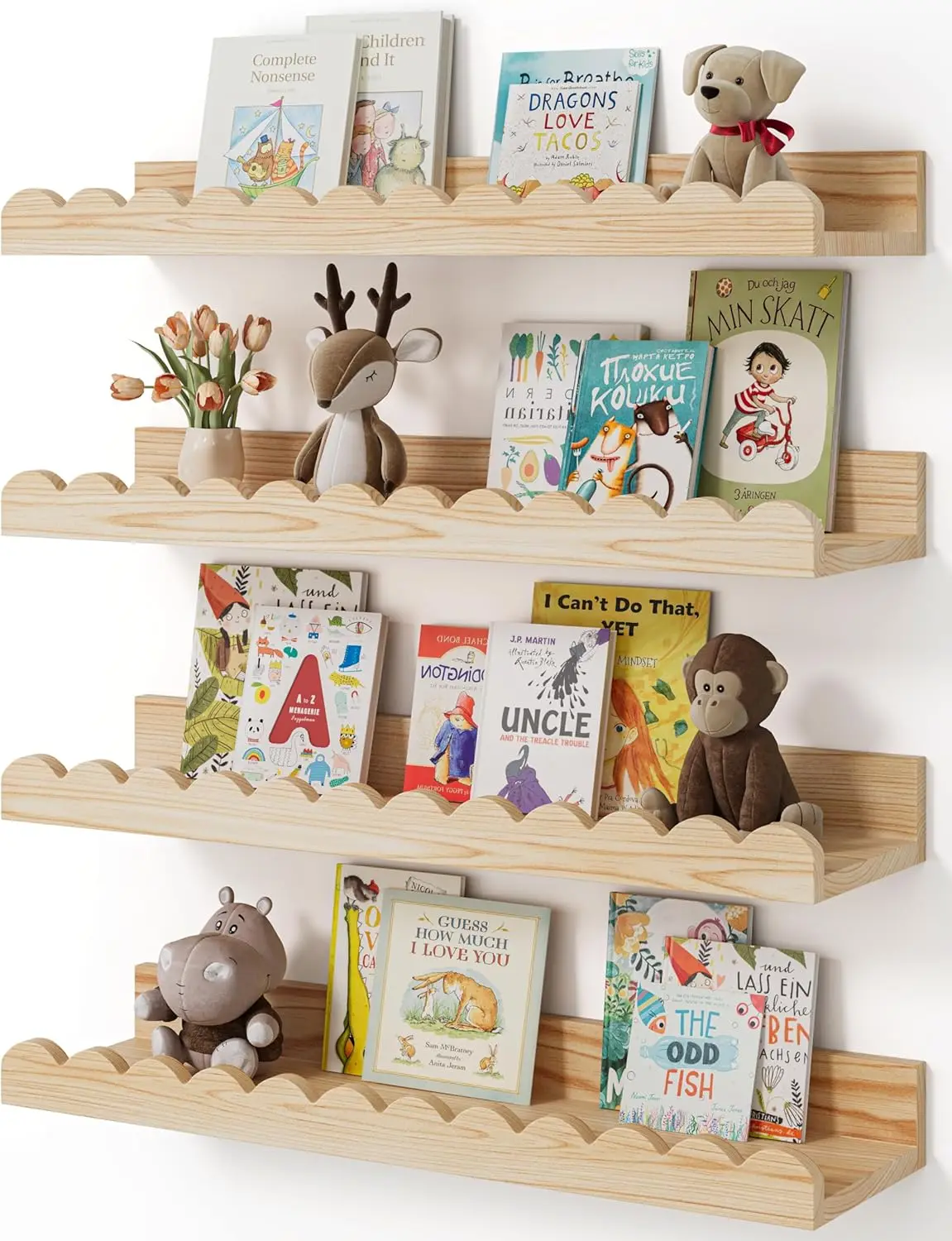 Nursery Book Shelves, 4-Pack Wood Floating Shelves for Wall Kids, Scalloped Shelves, Wall Book Shelves for Bedroom Kids
Nursery Book Shelves, 4-Pack Wood Floating Shelves for Wall Kids, Scalloped Shelves, Wall Book Shelves for Bedroom Kids