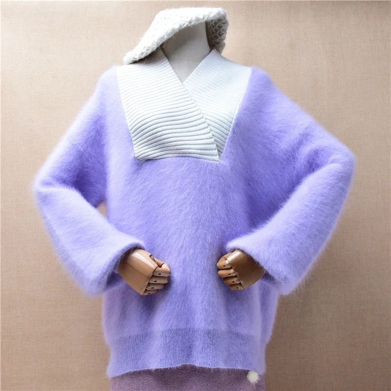 Female Women Fall Winter Clothing Violet Hairy Angora Rabbit Hair Knitted V-Neck Long Sleeves Loose Pullover Jumper Sweater Top
Female Women Fall Winter Clothing Violet Hairy Angora Rabbit Hair Knitted V-Neck Long Sleeves Loose Pullover Jumper Sweater Top