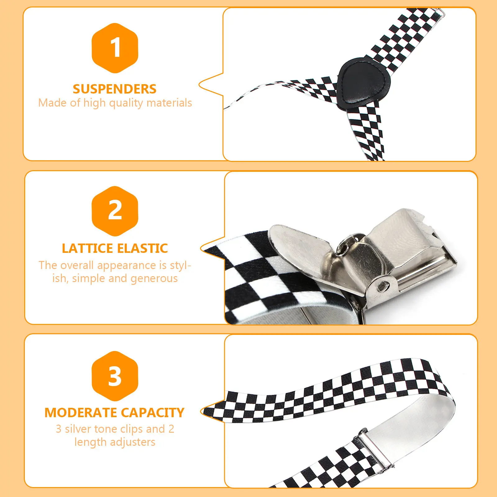 Black and White Checkered Y-Back Suspender Clip-on Braces Elastic Adjustable Stainless Steel Buckles 37 Inch 94Cm 3 Clips 2
Black and White Checkered Y-Back Suspender Clip-on Braces Elastic Adjustable Stainless Steel Buckles 37 Inch 94Cm 3 Clips 2