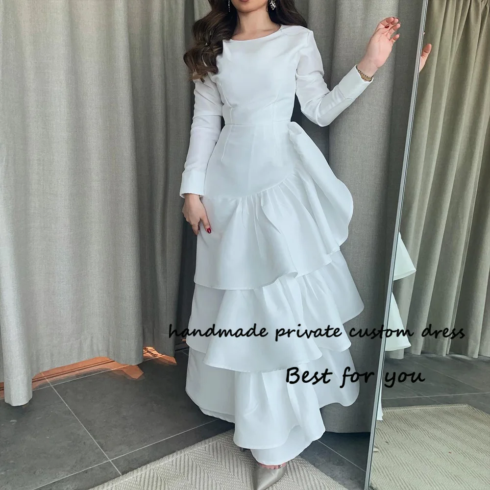White Satin Mermaid Evening Dresses Logn Sleeve O Neck Pleats Tiered Prom Party Dress Dubai Arabia Evening Gowns
White Satin Mermaid Evening Dresses Logn Sleeve O Neck Pleats Tiered Prom Party Dress Dubai Arabia Evening Gowns