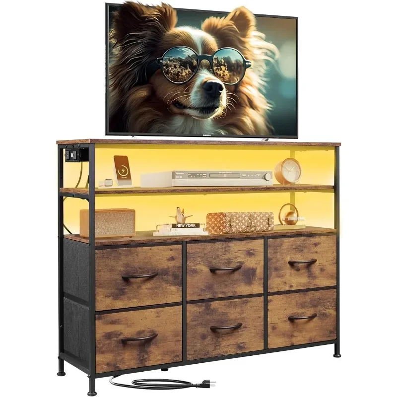 Dresser for Bedroom, 6 Drawer Dressers with LED Lights and Charging Station, Fabric Chest of Drawers with Open Shelves
Dresser for Bedroom, 6 Drawer Dressers with LED Lights and Charging Station, Fabric Chest of Drawers with Open Shelves
