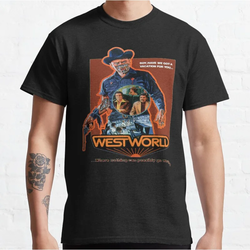 Scary film West World 80s Vintage scifi Westworld Cowboy horror movie Graphic T Shirts for men large size Adult tops S-6XL
Scary film West World 80s Vintage scifi Westworld Cowboy horror movie Graphic T Shirts for men large size Adult tops S-6XL