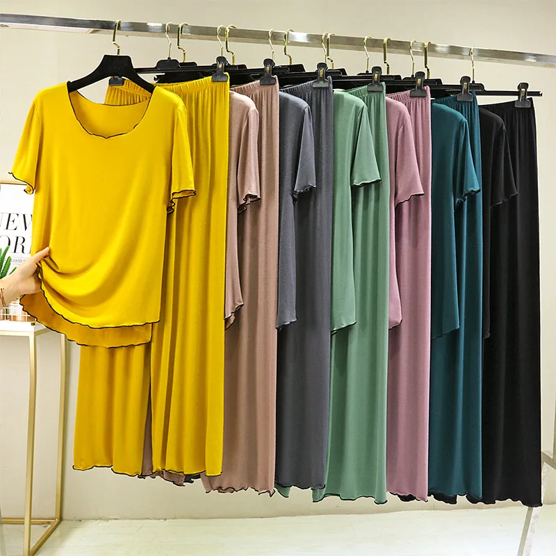 Modal Homewear 2pcs Pajamas set Short sleeve Tops and Trousers Solid color Casual Loose Sleepwear suit Plus size Nightwear
Modal Homewear 2pcs Pajamas set Short sleeve Tops and Trousers Solid color Casual Loose Sleepwear suit Plus size Nightwear